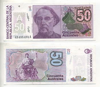 АРГЕНТИНА 50 АУСТРАЛЕЙ 1989 БУКВА А 43485, БАРТОЛОМЕ МИТРЕ, АРГЕНТИНСКИЙ ПОЛИТИК, ПОЛКОВОДЕЦ Pick 326b бумага UNC (ПРЕСС) 6299-32-2
