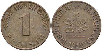 ФРГ 1 пфенниг 1950 D KM 105, J.380 сталь плакированная медью 4174-569