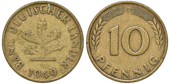 ФРГ 10 пфеннигов 1949 C KM 103, J. 378 сталь плакированная латунью 4132-513