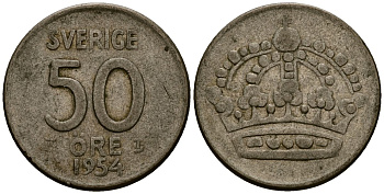 Швеция 50 эре 1954 Густав VI Адольф (1950-1973) KM 825 серебро 4177-934