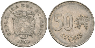 Эквадор 50 сукре 1988 KM 93 сталь плакированная никелем 4391-522