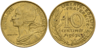 Франция 10 сантимов 1963 тип Marianne KM 929, Le Franc 144.3 медь алюминий никель 4115-538