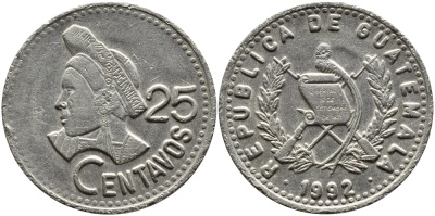 Гватемала 25 сентаво 1992 большая голова, Республика Гватемала KM 278.5 медно-никель 4389-425
