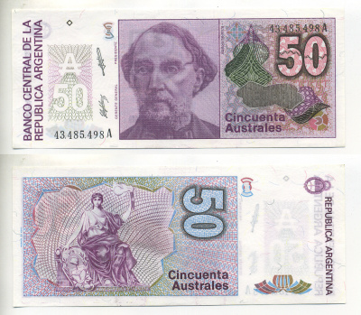 АРГЕНТИНА 50 АУСТРАЛЕЙ 1989 БУКВА А 43485, БАРТОЛОМЕ МИТРЕ, АРГЕНТИНСКИЙ ПОЛИТИК, ПОЛКОВОДЕЦ Pick 326b бумага UNC (ПРЕСС) 6299-32-2