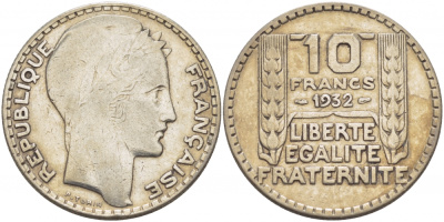 Франция 10 франков 1932 Пьер Тюрен KM 878, Le Franc 360.5 серебро 3457-857
