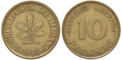 ФРГ 10 пфеннигов 1950 J KM 108, J. 383 сталь плакированная латунью 4132-536