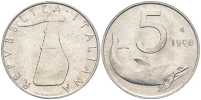 Италия 5 лир 1998 R, дельфин KM 92 алюминий  UNC  4594-751