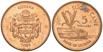 Гайана 5 долларов 2009 KM 51 сталь плакированная медью 4121-436