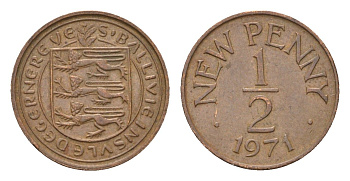 Гернси 1/2 пенни 1971 Елизавета II (1952-2022), герб, год-тип KM 20 бронза 4690-232