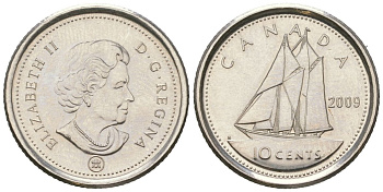 Канада 10 центов 2009 Leaf, Елизавета II (1952-2022), парусник KM 492 сталь плакированный никелем UNC 4382-1154