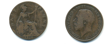 Великобритания 1/2 пенни 1914 Георг V (1910-1936) KM 809, Spink 4056 бронза 59-911