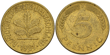 ФРГ 5 пфеннигов 1981 J J.382, KM 107 сталь плакированная латунью    4598-1029