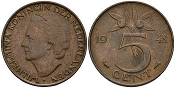 Нидерланды 5 центов 1948 Вильгельмина I (1890-1948) KM 176 бронза 4154-926