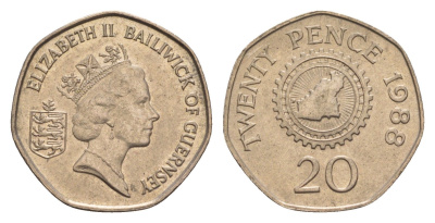 Гернси 20 пенсов 1988 редкий год, тираж 5.000 экземпляров KM 44 медно-никель aUNC 4659-567