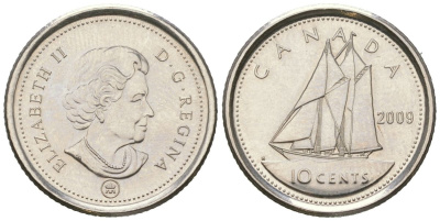 Канада 10 центов 2009 Leaf, Елизавета II (1952-2022), парусник KM 492 сталь плакированный никелем UNC 4382-1154