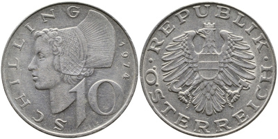 АВСТРИЯ 10 ШИЛЛИНГОВ 1974 KM 2918 никель плакированный медно-никелем 4388-1243