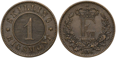 ДАНИЯ 1 СКИЛЛИНГ РИГСМОНТ 1856 ФРЕДЕРИК VII (1848-1863) KM 763 (С135) бронза 27-453