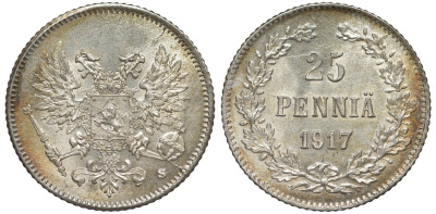 Россия для Финляндии 25 пенни 1917 S, временное правительство, без короны KM 19, Биткин 2 серебро 75-1437