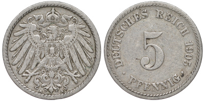 ГЕРМАНИЯ 5 ПФЕННИГОВ 1905 A, KM 11, J.12 медно-никель 45-1122
