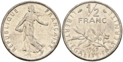 Франция 1/2 франка 1969 сеятель КМ 931.1 никель    4602-616