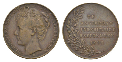 Нидерланды медаль "Коронация Вильгельмины " 1898 Коронация Вильгельмины 6 сентября 1898 года на престол Нидерландов, диаметр 23,8 мм, вес 7,14 гр медь 1515-1723