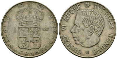 Швеция 1 крона 1965 U, Густав VI Адольф (1950-1973) KM 826 серебро 4177-1017