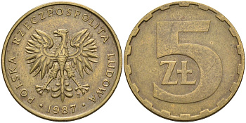 Польша 5 злотых 1987 MW, Народная Республика KM 81.2, Parchimowicz 222b латунь 4556-1231