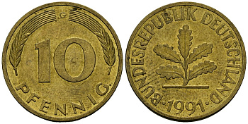 ФРГ 10 пфеннигов 1991 G KM 108 сталь плакированная латунью 4167-857