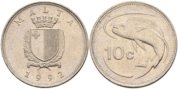 Мальта 10 центов 1992 золотая макрель KM 96 медно-никель 4588-236