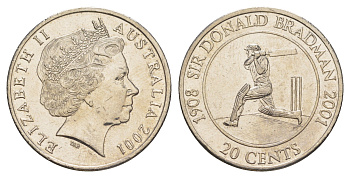 Австралия 20 центов 2001 Жизнь сэра Дональда Брэдмана 1908-2001 KM 589 медно-никель UNC 4652-525