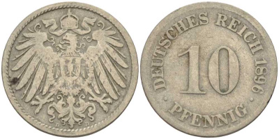 ГЕРМАНИЯ 10 ПФЕННИГОВ 1896 D KM 12, J. 13 медно-никель 4401-952