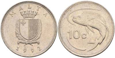 Мальта 10 центов 1992 золотая макрель KM 96 медно-никель 4588-236