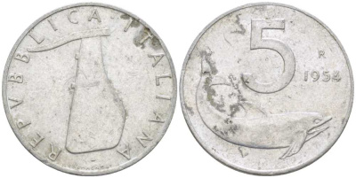 ИТАЛИЯ 5 ЛИР 1954 R, РУЛЬ, ДЕЛЬФИН KM 92 алюминий 175-113