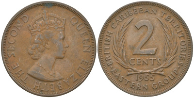 Восточные Карибы 2 цента 1955 KM 3 бронза 4619-1245