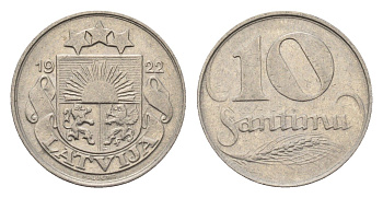 Латвия 10 сантимов 1922 год-тип KM 44 никель 4689-812