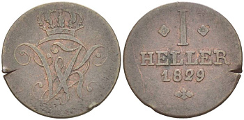 Гессен-Кассель 1 геллер 1829 Вильгельм II (1821-1847) KM 576, Jaeger 13, AKS 29. медь 4532-1243