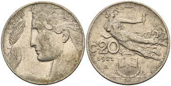 Италия 20 чентезимо 1921 R, Виктор Эммануил (1900-1946) KM 44 никель 4116-1254