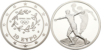 Греция 10 евро 2003 XXVIII летние Олимпийские игры 2004 года в Афинах, метание диска, дискобол KM 191 серебро PROOF 11-244-12