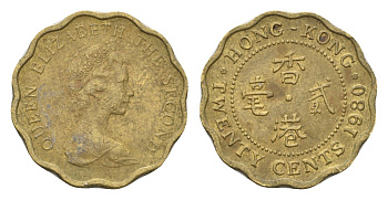 Гонконг 20 центов 1980 KM 36 никель латунь 4674-865