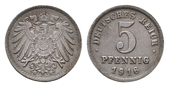 Германия 5 пфеннигов 1916 G, Вильгельм II (1888-1918) KM 19, J. 297 железо плакированная цинком aUNC 54-529