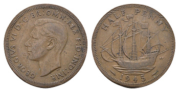 Великобритания 1/2 пенни 1945 Георг VI (1936-1952) KM 844, Spink 4115 бронза 4662-1115