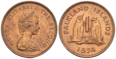 Фолклендские острова 1 пенни 1974 Елизавета II (1952-2022), папуанский пингвин KM 2 бронза 220-868