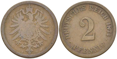 ГЕРМАНИЯ 2 ПФЕННИГА 1874 A, СТАРОГЕРБОВКА KM 2, J. 2, Weege 3 медь 212-452