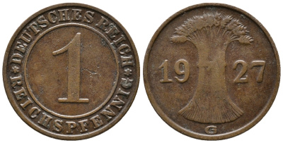 ГЕРМАНИЯ 1 РЕЙХСПФЕННИГ 1927 G KM 37, J. 313 бронза 39-951