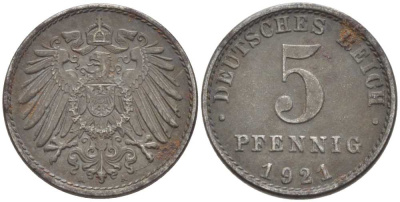 Германия 5 пфеннигов 1921 A KM 19, J. 297, Weege 5 железо 99-758