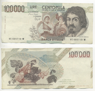 Италия 100000 лир 1983 Караваджо, фруктовый букет, подпись Stevani Pick 110а бумага 7220-6-3