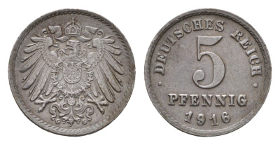 Германия 5 пфеннигов 1916 G, Вильгельм II (1888-1918) KM 19, J. 297 железо плакированная цинком aUNC 54-529