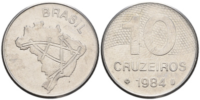 Бразилия 10 крузейро 1984 карта Бразилии KM 592.1 нержавеющая сталь 87-546