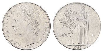 Италия 100 лир 1957 R, Афина в доспехах KM 96.1 нержавеющая сталь aUNC 4706-557