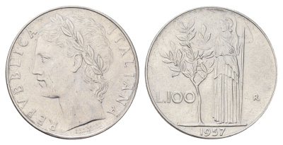 Италия 100 лир 1957 R, Афина в доспехах KM 96.1 нержавеющая сталь aUNC 4706-557